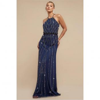 Goddiva Women's Sequin Racer Neck Maxi Dress (Size 12) – Navy