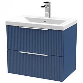 Hudson Reed Fluted 600mm Wall Hung Single Vanity Unit Satin Blue with Mid-Edge Ceramic Basin