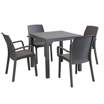 Set Tavolo Fisso Quadrato da Giardino in Wicker Taupe con 4 Poltrone con Braccioli 80x80 cm
