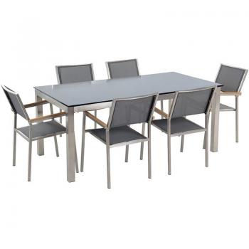 Set da Giardino con Tavolo Vetro Nero e 6 Sedie Grigie