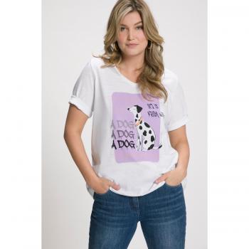 T-shirt bianca con cane, scollo a V, mezze maniche, donna, taglia 52/54, cotone