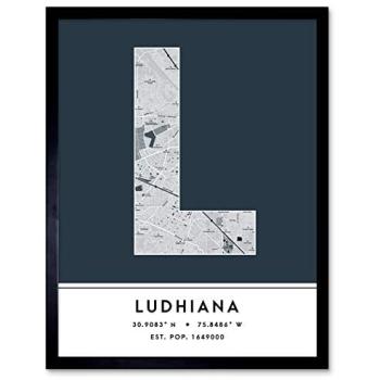 Navy Blue Ludhiana Map Letter Poster