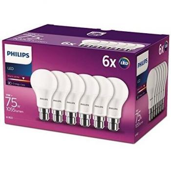 Lot de 6 Ampoules LED Philips Standard Culot B22, 11W équivalent à 75W, Blanc Chaud 2700K, Opaque