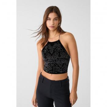 Top halter in velluto nero con dettagli in strass L
