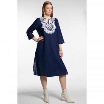 Abito di lino blu, maniche arrotolabili, dettagli soutache, Taglia 64/66, Donna