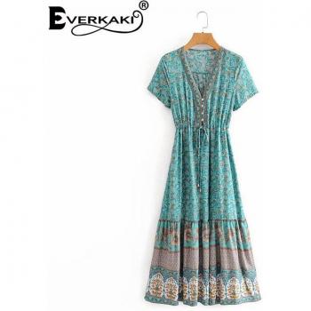 Everkaki Böhmisches Sommerkleid mit Schärpe für Frauen