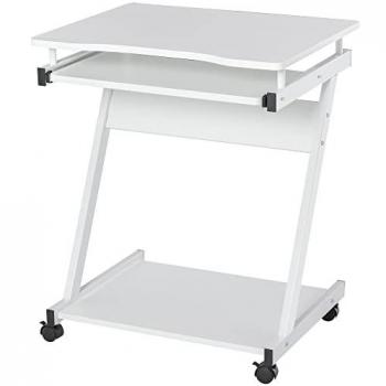 Mobile White Computer Desk with Wheels and Sliding Keyboard Tray