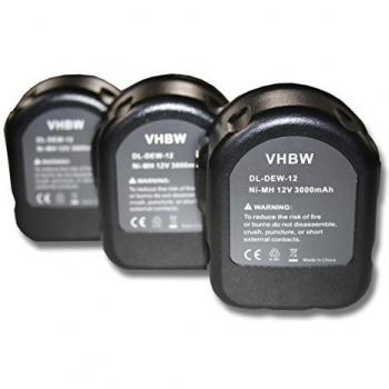 Kit de 3 Baterías Ni-MH 12V 3000mAh (Würth BS12A Power, Sustitución Dewalt 397745-01)