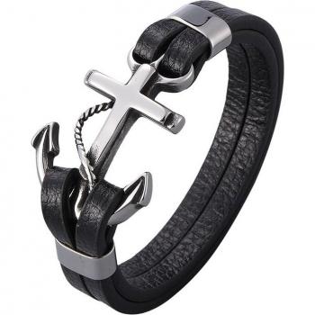 Men's Stainless Steel and Leather Punk Anchor Bracelet SP1020