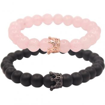 UEUC King and Queen CZ Crown Couple Bracelet with 8mm Black Matte & Pink Agate Beads