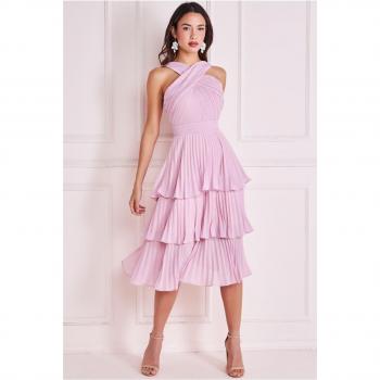 Goddiva Pleated Bodice Chiffon Tiered Midi