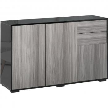 HOMCOM High Gloss Sideboard, 2 Drawer Push-Open Cabinet, Light Grey and Black