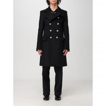 BALMAIN Men's Black Wool Overcoat, Double-Breasted, Size M