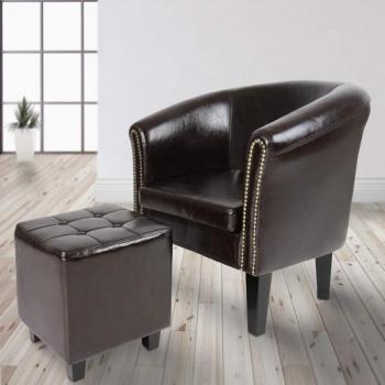 Sillón Chesterfield con reposapiés y remaches de cobre, madera y cuero sintético, Miadomodo