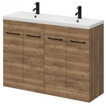 Napoli 1200mm Tobacco Oak Floor Standing Vanity Unit with Ceramic Double Basin and Matte Black Handles