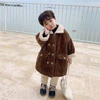 Long Sleeve Corduroy Jacket for Babies, Thick Fleece Winter Coat with Button for 1-8Y