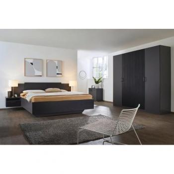 Schlafzimmer-Set RAUCH „Miro“ – Grau Metallic & Black Oak – 210 cm Höhe – mit Drehtürenschrank (2 Breiten), Bett (2 Größen) und 2 Hängenachttischen