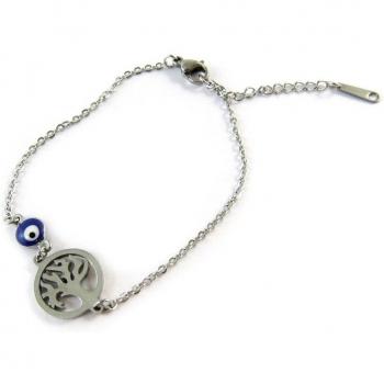 Brazalete de acero gris con 'Árbol de la vida' azul