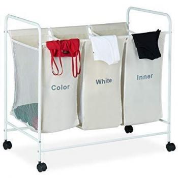 Beige Laundry Sorter with 3 Divided Sections, 100L Capacity, Casters
