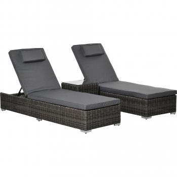 Outsunny 3-teiliges Sonnenliege Set aus Poly-Rattan mit Nackenkissen und verstellbarer Rückenlehne in Grau