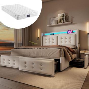 Double coffre 140x200, lit rembourré LED, 300 kg