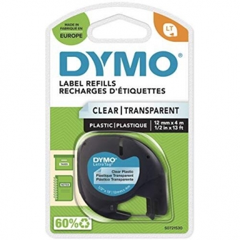 Dymo 12267 12mmx4m Black on Clear Plastic Tape 12267