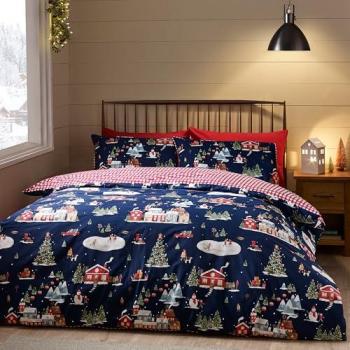 Unisex Blue Christmas Ski Village Reversible Duvet Cover Set – Double