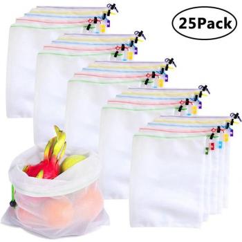 Eco-Friendly 25 Pack Mesh Produce Bags for Shopping and Storage