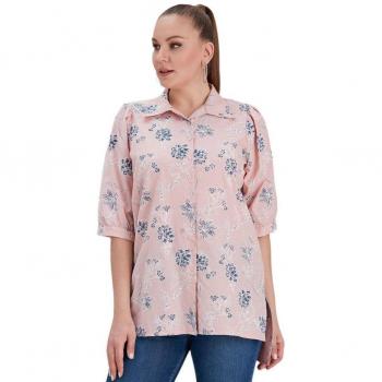 Camicia da sera femminile per taglie forti RG4661, colletto classico, chiusura a bottoni, maniche brevi tipo melone, stampa decorativa,