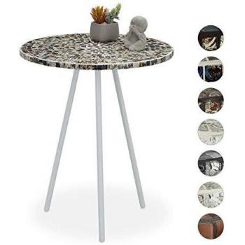 Comodino Mosaico Rotondo, 50 x 41 cm, Bianco-Argento, Realizzato a Mano