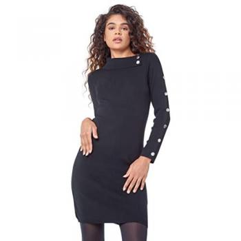 Button Detail Black Turtle Neck Dress for Women