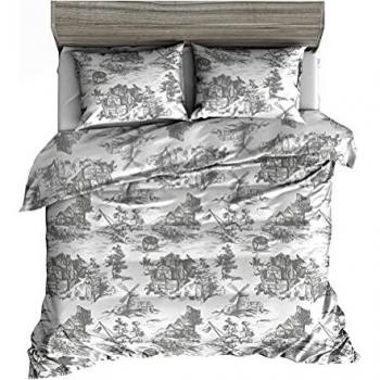 Marsala Kingsize Duvet Cover Grey Bedding Cotton Toile De Jouy Comforter Quilt Cover Bed Set