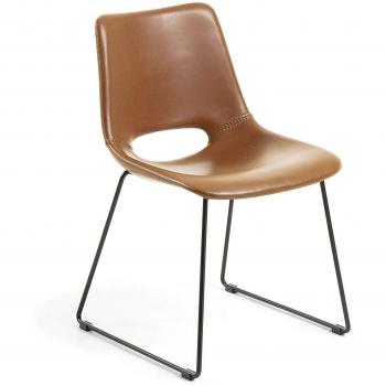 Kave Home Sedia Zahara, pelle sintetica marrone e gambe in acciaio finitura nera