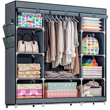 Armoire triple en tissu avec crochets et boucles gris/blanc 128x45x169 cm
