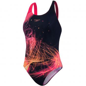 Speedo Women's Heatshine Placement Digital Powerback Swimsuit, Black/Post It Pink/Fluo Orange/White, 40