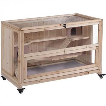 3-Tier Wooden Hamster Cage with Ladders and Wheels, Small Animal Hutch, 99 x 50 x 69 cm