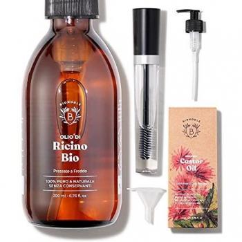 ACEITE DE RICINO | 100% Puro, Natural y Prensado en Frío | Para Cejas, Pestañas, Cabello y Barba | Aceite de Ricino Vegano | Envase de Vidrio + Bomba + Kit de Rímel