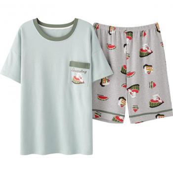 Men's Short Sleeve Pajama Set Summer Cotton O-Neck
