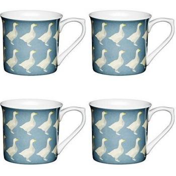 KitchenCraft Fluted Bird Mugs, Set of 4 Geese in Blue Grey, 300 ml