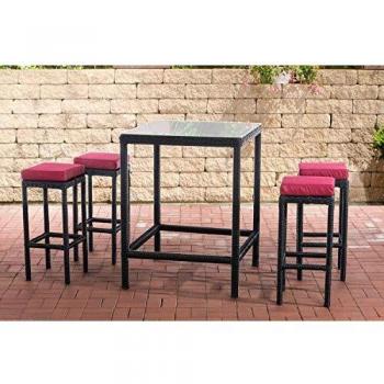 CLP Polyrattan Gartenbar-Set Alia 5mm I Rundrattan Gartenmöbel-Set Mit Tisch Und 4 Barhockern Inkl. Sitzkissen I, Farbe:schwarz, Polsterfarbe:Rubinrot