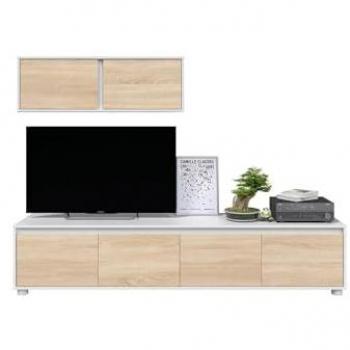 Mueble de salón Alma, blanco y cámbrico 200x43 cm