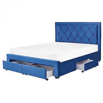 Lit Double Glamour en Velours Bleu avec Rangement 160 x 200 cm et Tête de Lit Capitonnée