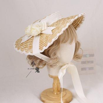 Sombrero Plano Paja Floral y Lazo Handmade