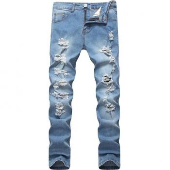 Men's Long Destroyed Denim Jeans with Ripped Knees