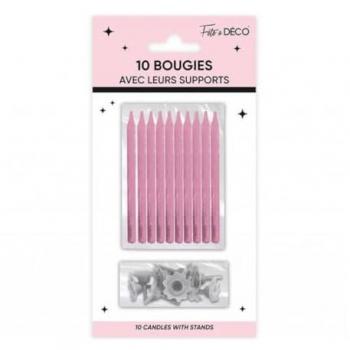 10 bougies roses pour anniversaire avec supports