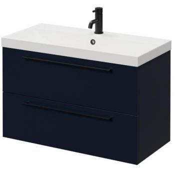 Napoli Deep Blue 800 mm Vanity Unit – Wall Mounted, One Tap Hole, Matte Black Drawer Handles