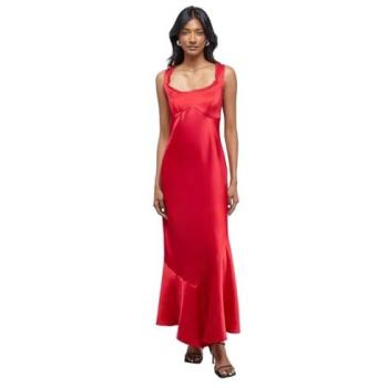 Women's Red Viscose Satin Slip Dress – Asymmetric Midi