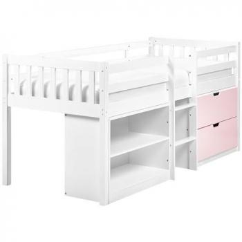 Beliani Child’s 3ft Rubber Wood Single Bed, White/Pink, Slatted Frame, Storage Drawers & Shelves
