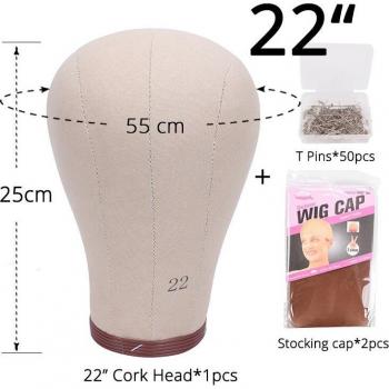 Plussign 21-24 Inch White Canvas Mannequin Head with Cork, 50 T Pins and 2 Wig Caps Included