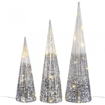 Colección Lola Home de 3 Árbolitos Cónicos para Navidad, 60 cm, Luces LED y Pilas, Color Plateado